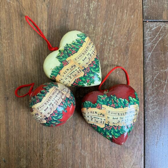 Vintage Christmas Heart Ornaments Old World Victorian Music Paper Mache - Picture 1 of 10